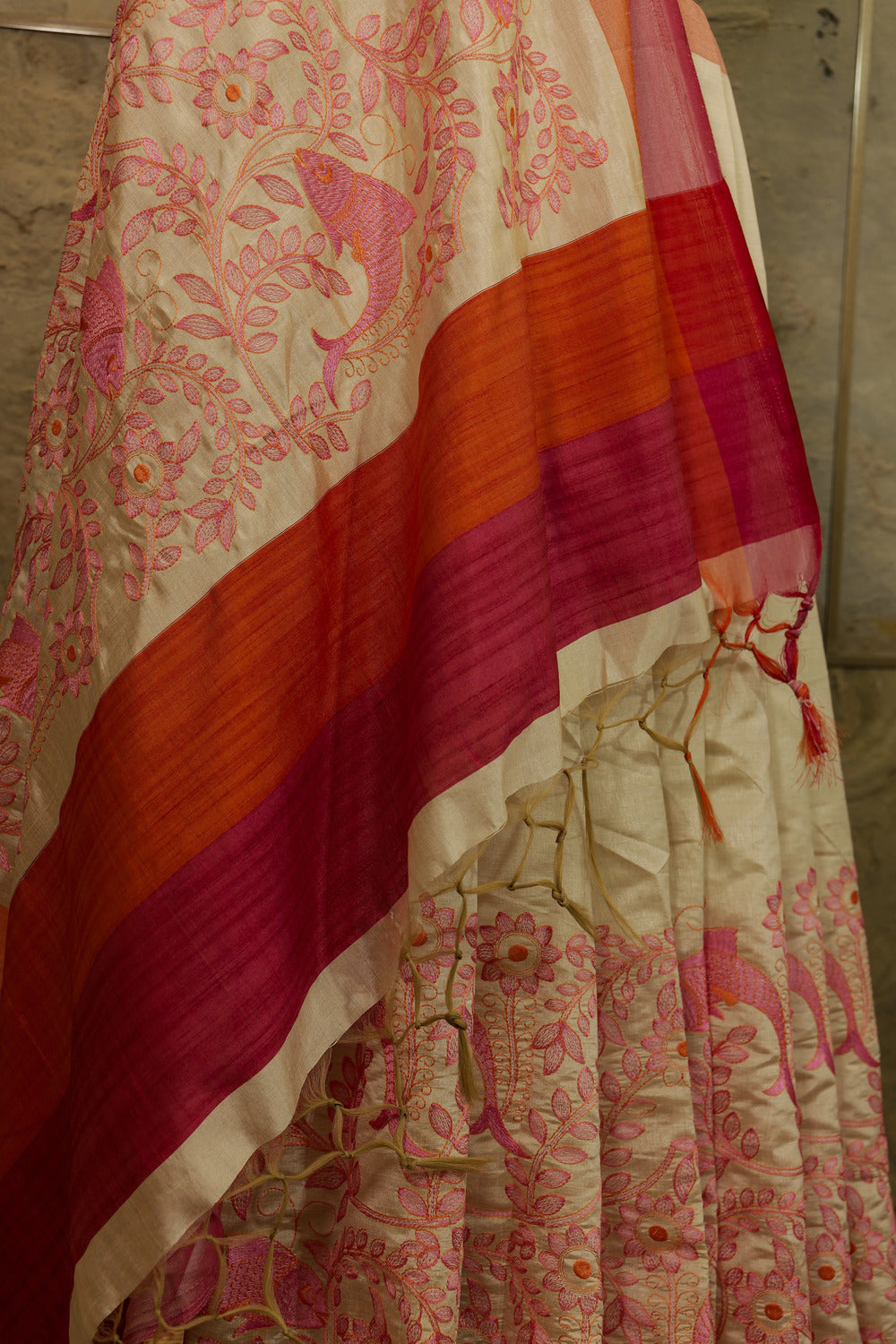 Off White Tussar Saree with fish motif Madhubani embroidery work