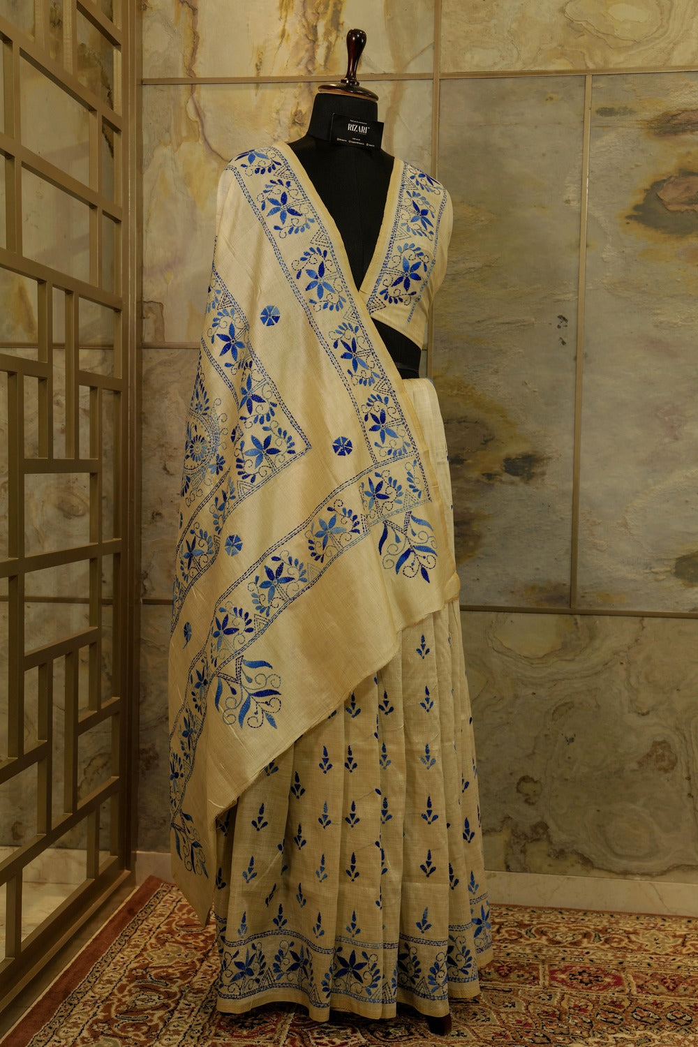 Off White Tussar Katha embroidery in blue thread work