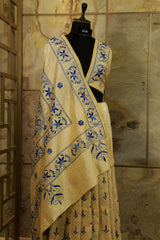 Off White Tussar Katha embroidery in blue thread work