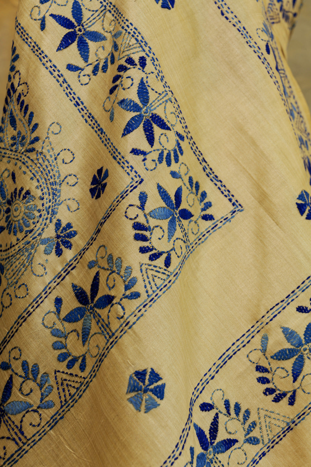 Off White Tussar Katha embroidery in blue thread work