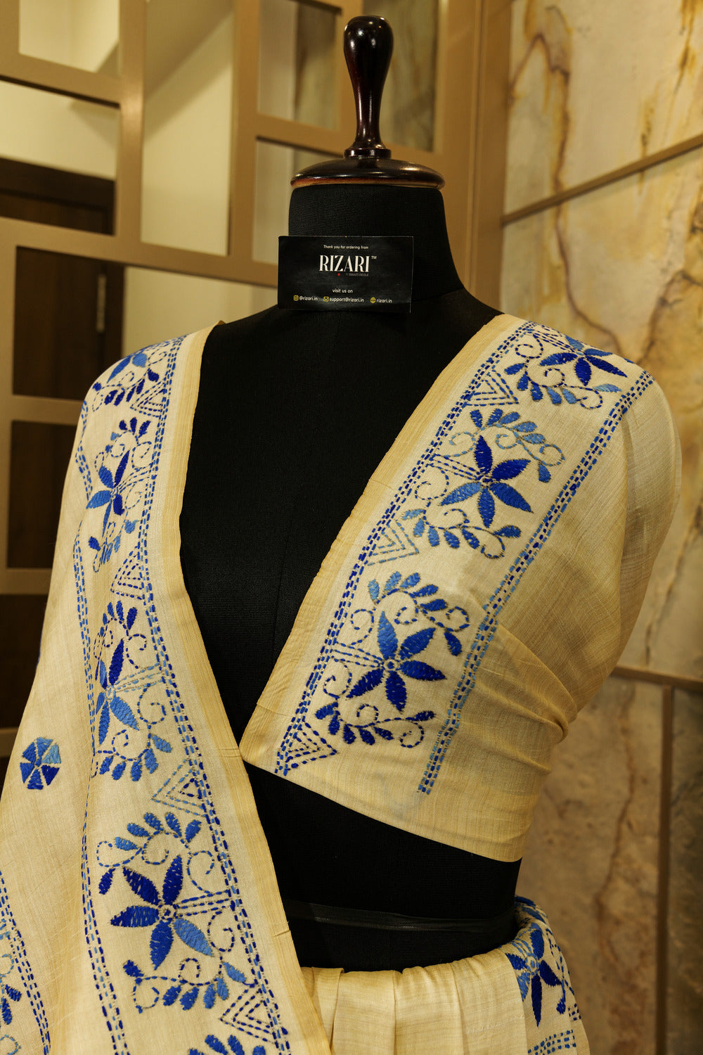 Off White Tussar Katha embroidery in blue thread work