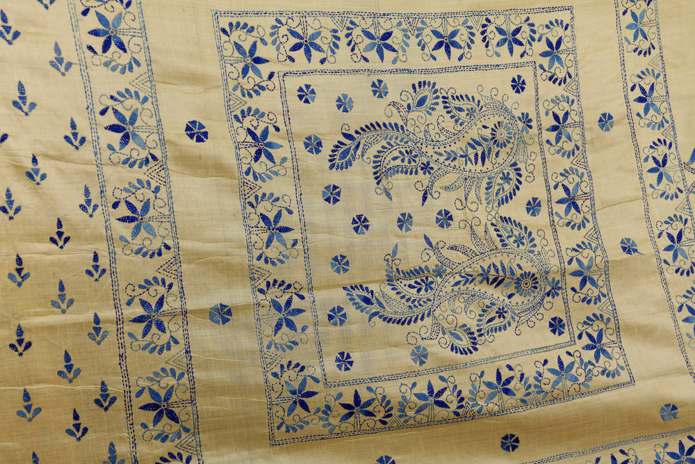 Off White Tussar Katha embroidery in blue thread work