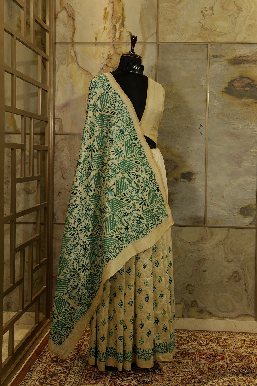 Off White Tussar Saree with block printing and Katha embroidery in green