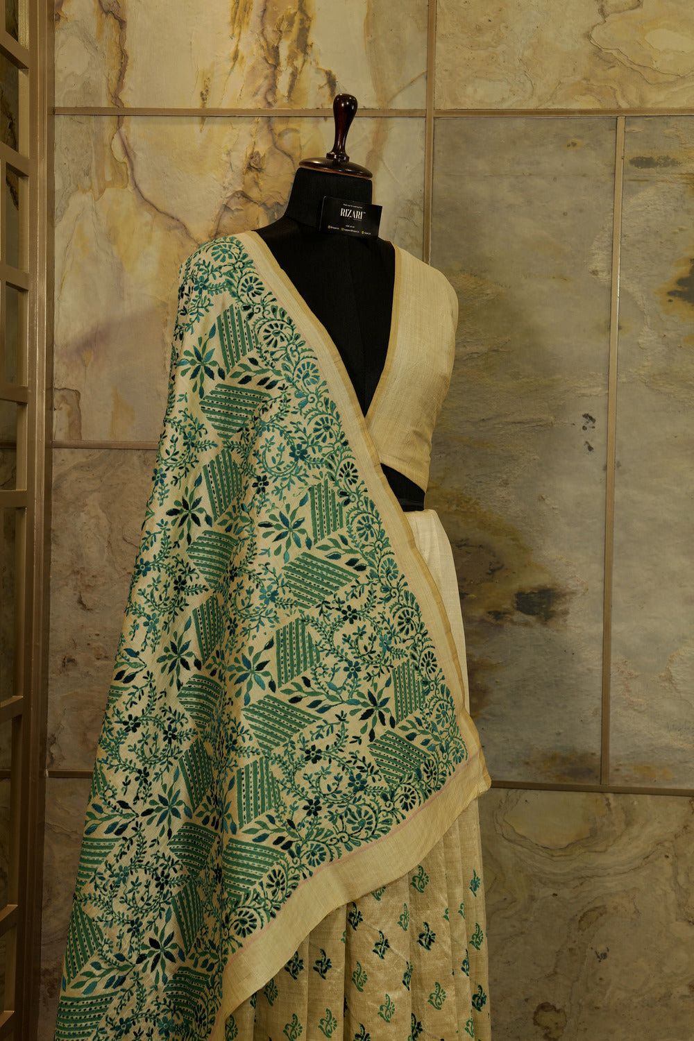 Off White Tussar Saree with block printing and Katha embroidery in green