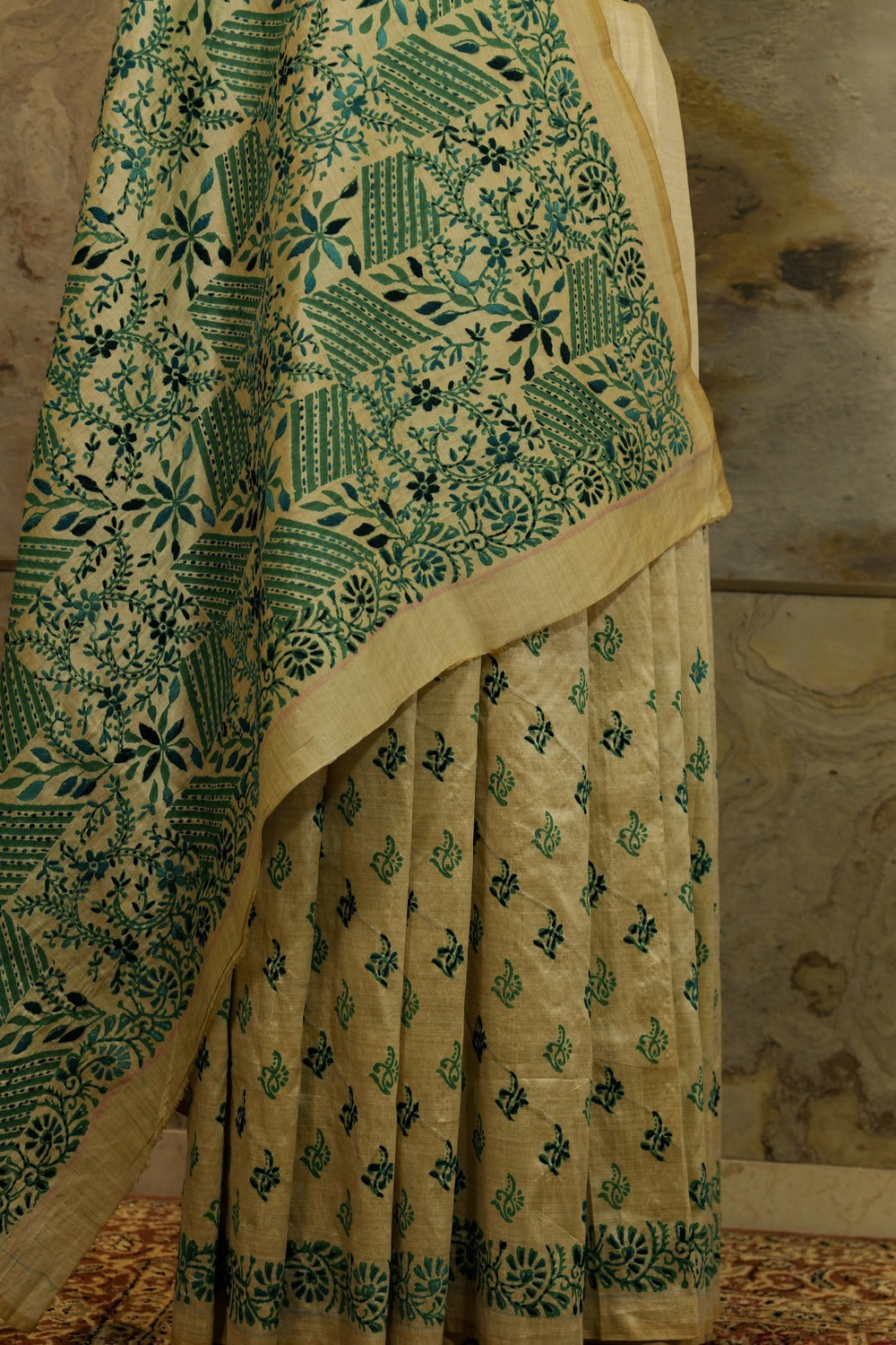 Off White Tussar Saree with block printing and Katha embroidery in green