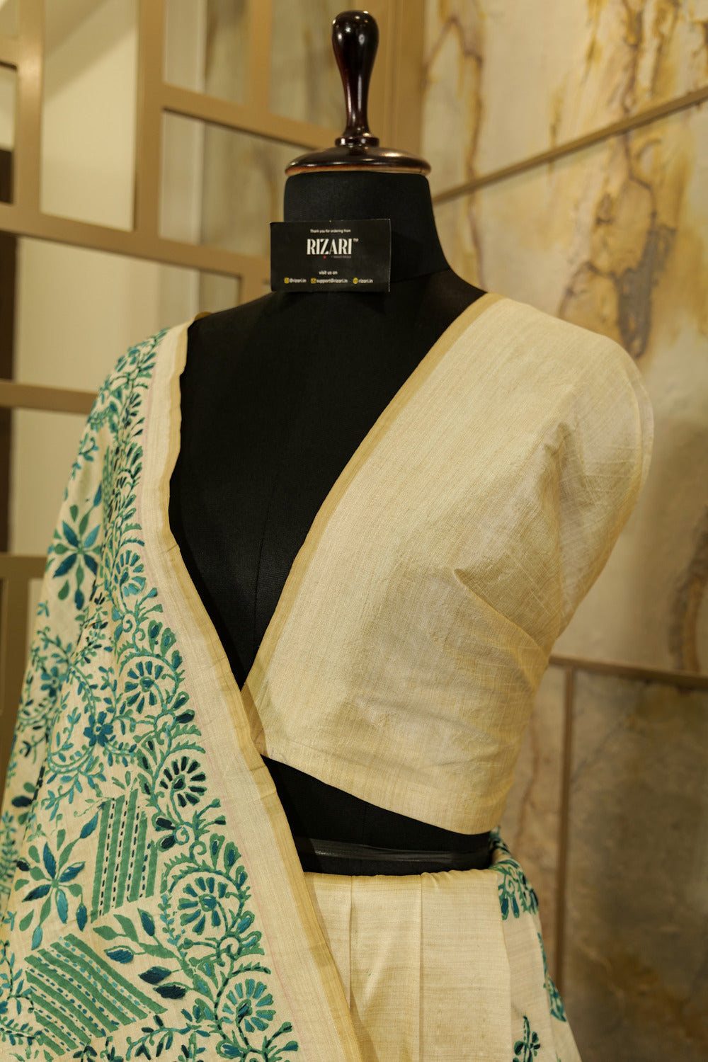 Off White Tussar Saree with block printing and Katha embroidery in green