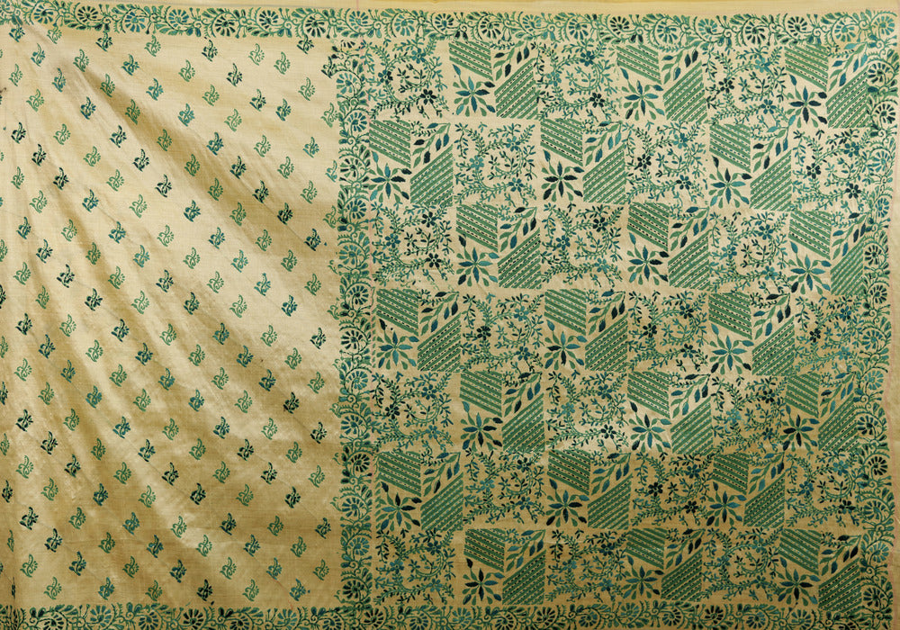 Off White Tussar Saree with block printing and Katha embroidery in green