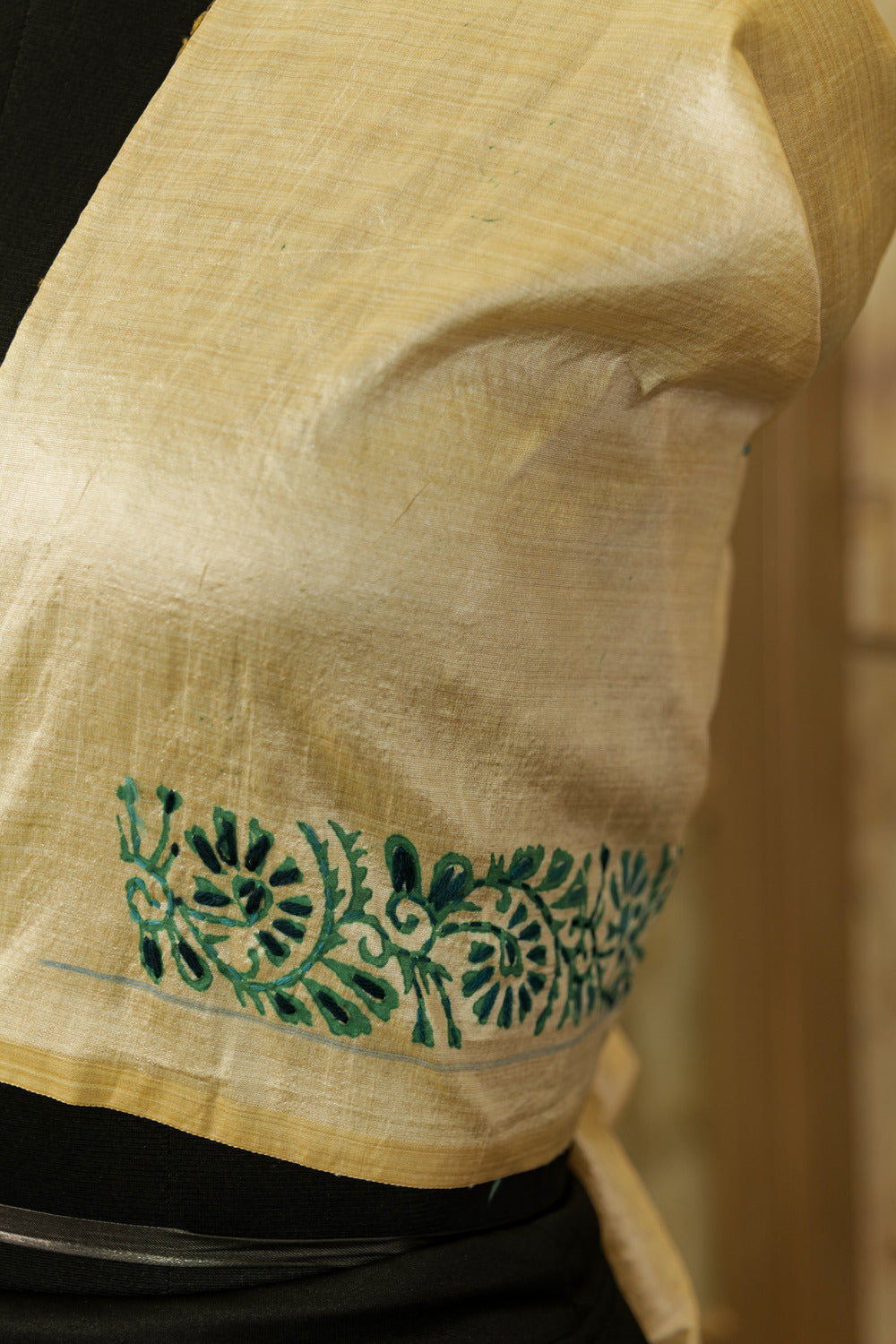 Off White Tussar Saree with block printing and Katha embroidery in green