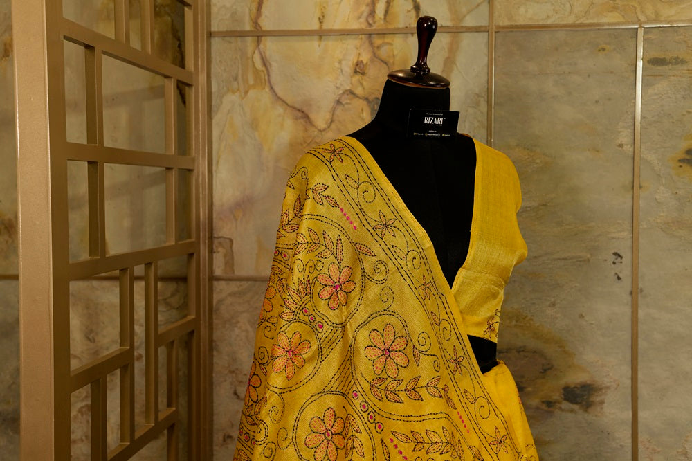 Yellow Katha tussar saree