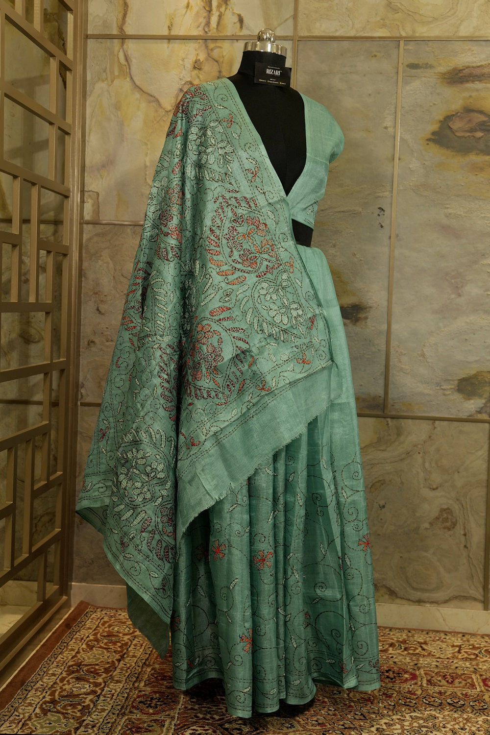 Teal color saree with katha embroidery