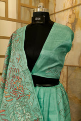 Teal color saree with katha embroidery