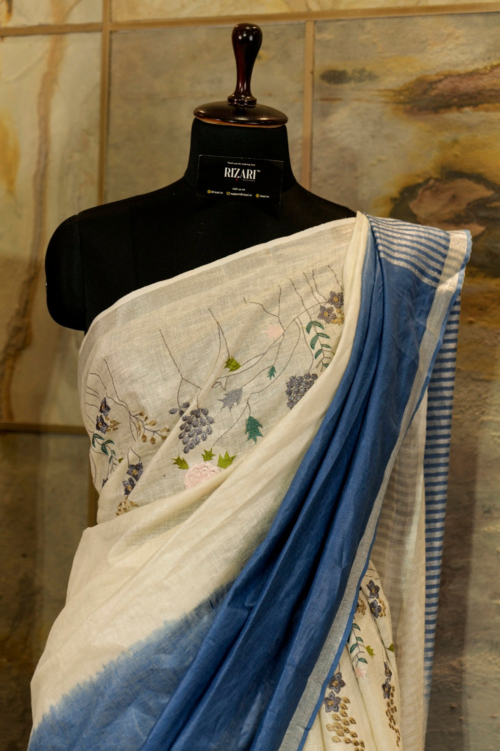 Teal Blue and Off White Linen saree with Embroidery