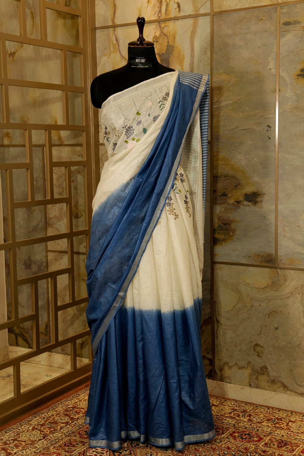 Teal Blue and Off White Linen saree with Embroidery