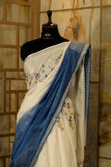 Teal Blue and Off White Linen saree with Embroidery