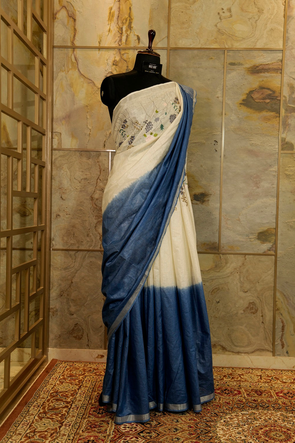 Teal Blue and Off White Linen saree with Embroidery