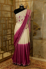 Onion pink and Off White Linen Saree with Embroidery