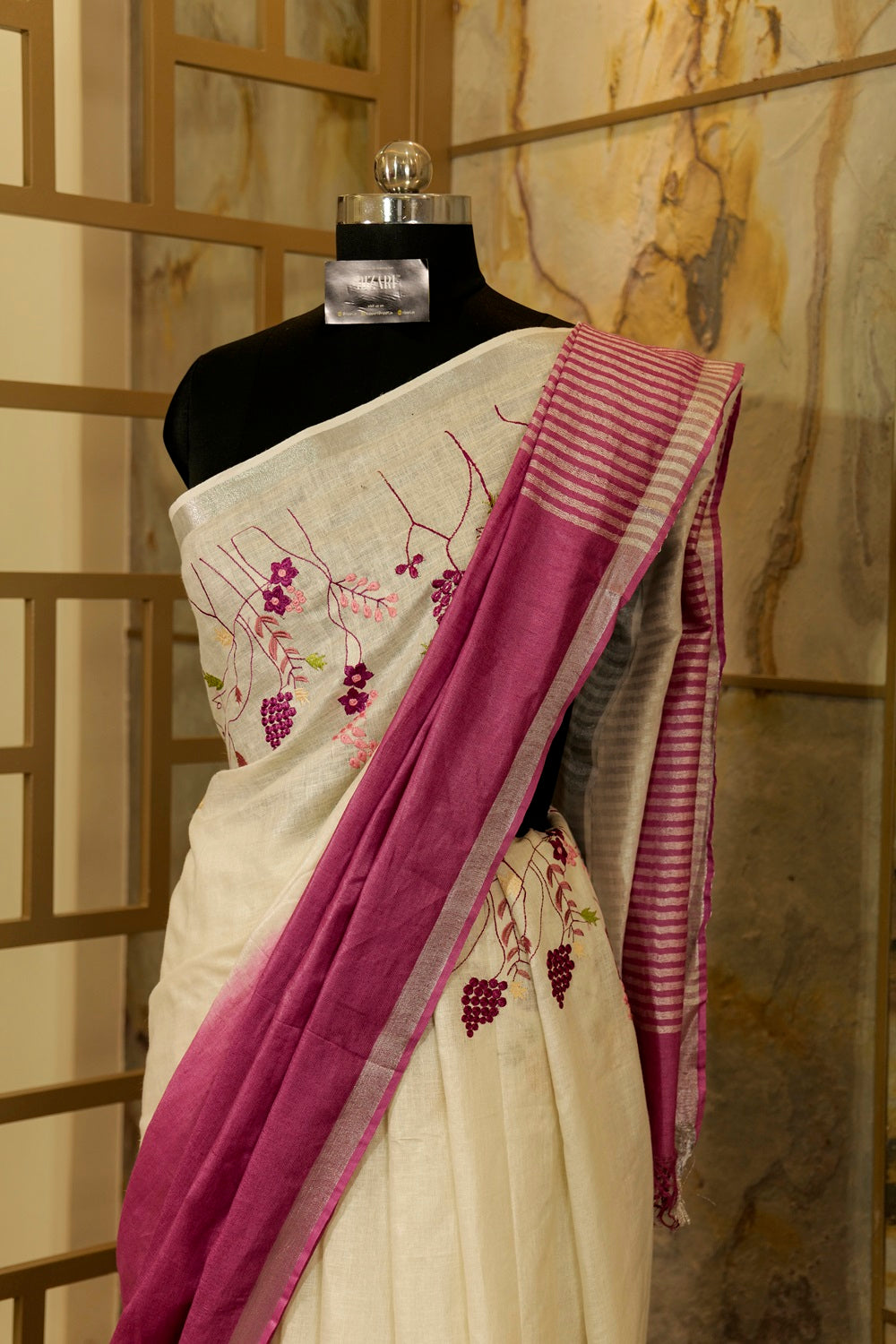 Onion pink and Off White Linen Saree with Embroidery