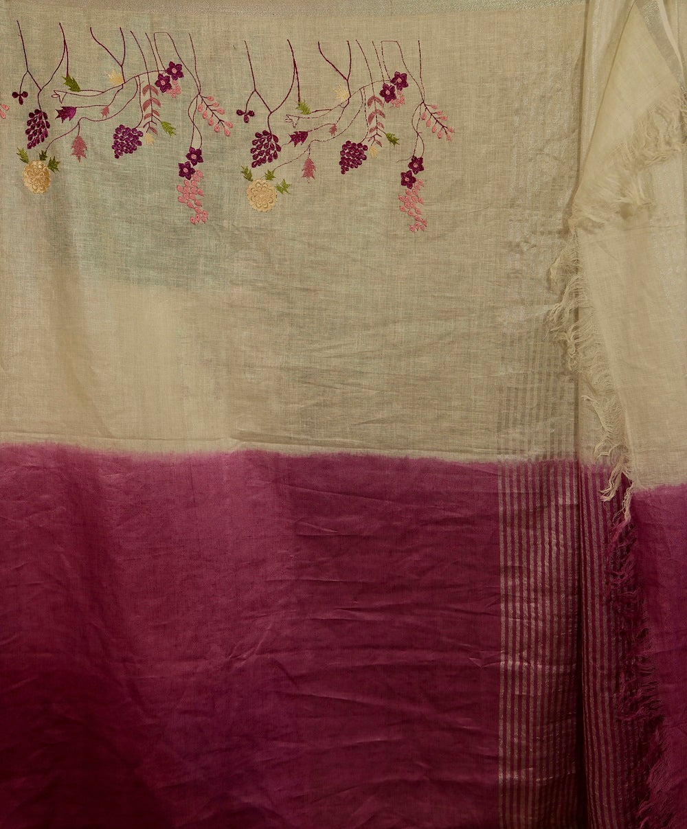 Onion pink and Off White Linen Saree with Embroidery