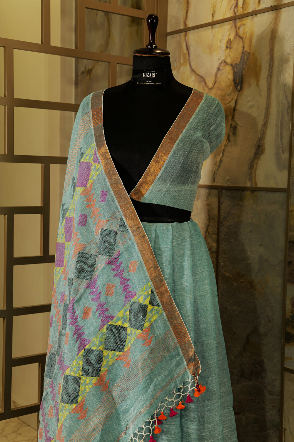 Light Blue Handmade Linen with geometric weaving pattern on Pallu