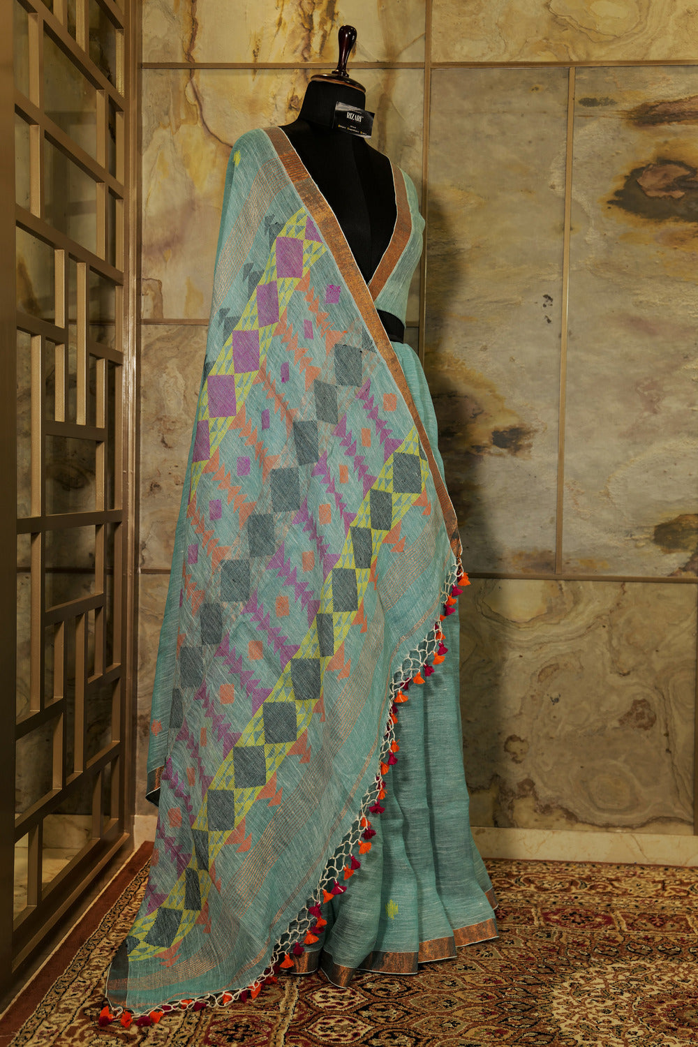 Light Blue Handmade Linen with geometric weaving pattern on Pallu