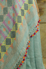 Light Blue Handmade Linen with geometric weaving pattern on Pallu