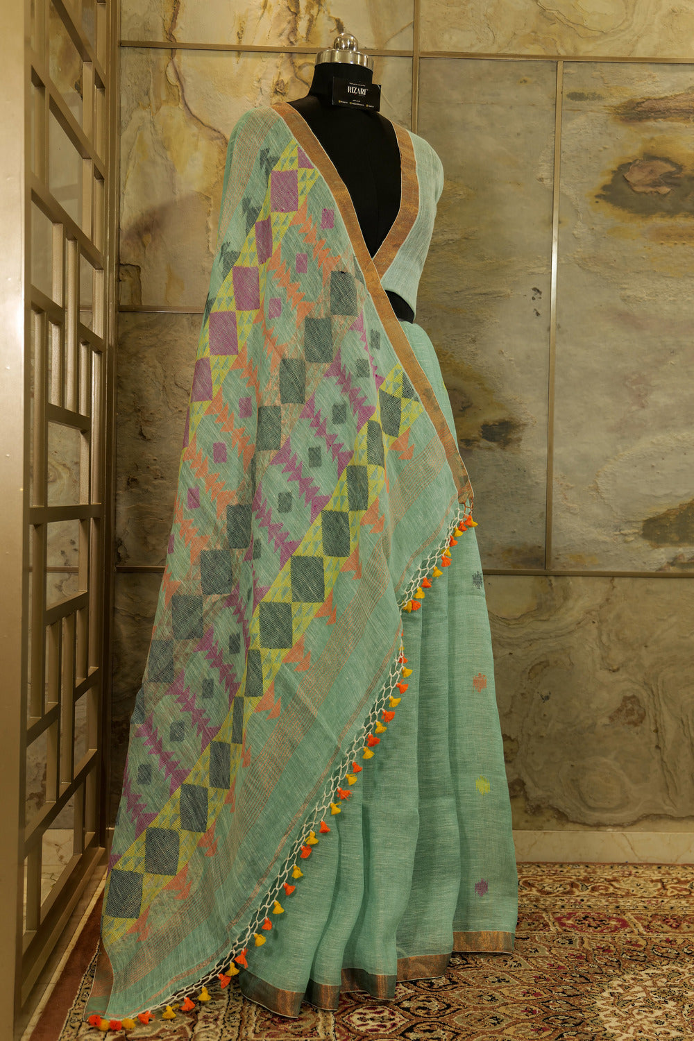 Aquamarine Handmade Linen Saree with geometric weaving pattern on Pallu