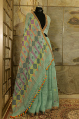 Aquamarine Handmade Linen Saree with geometric weaving pattern on Pallu