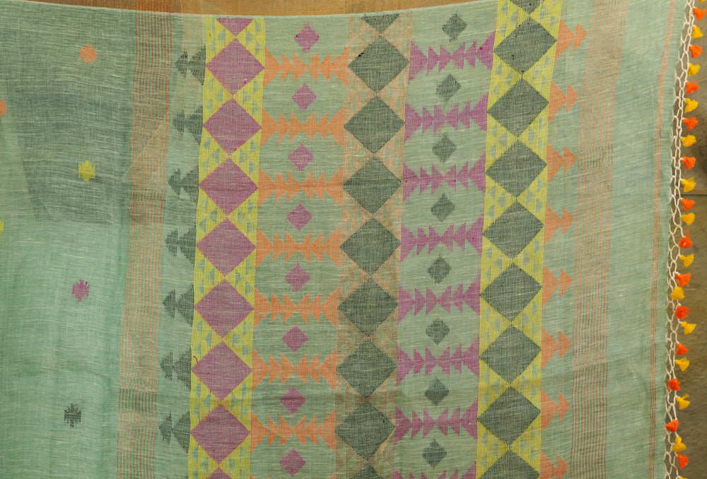 Aquamarine Handmade Linen Saree with geometric weaving pattern on Pallu