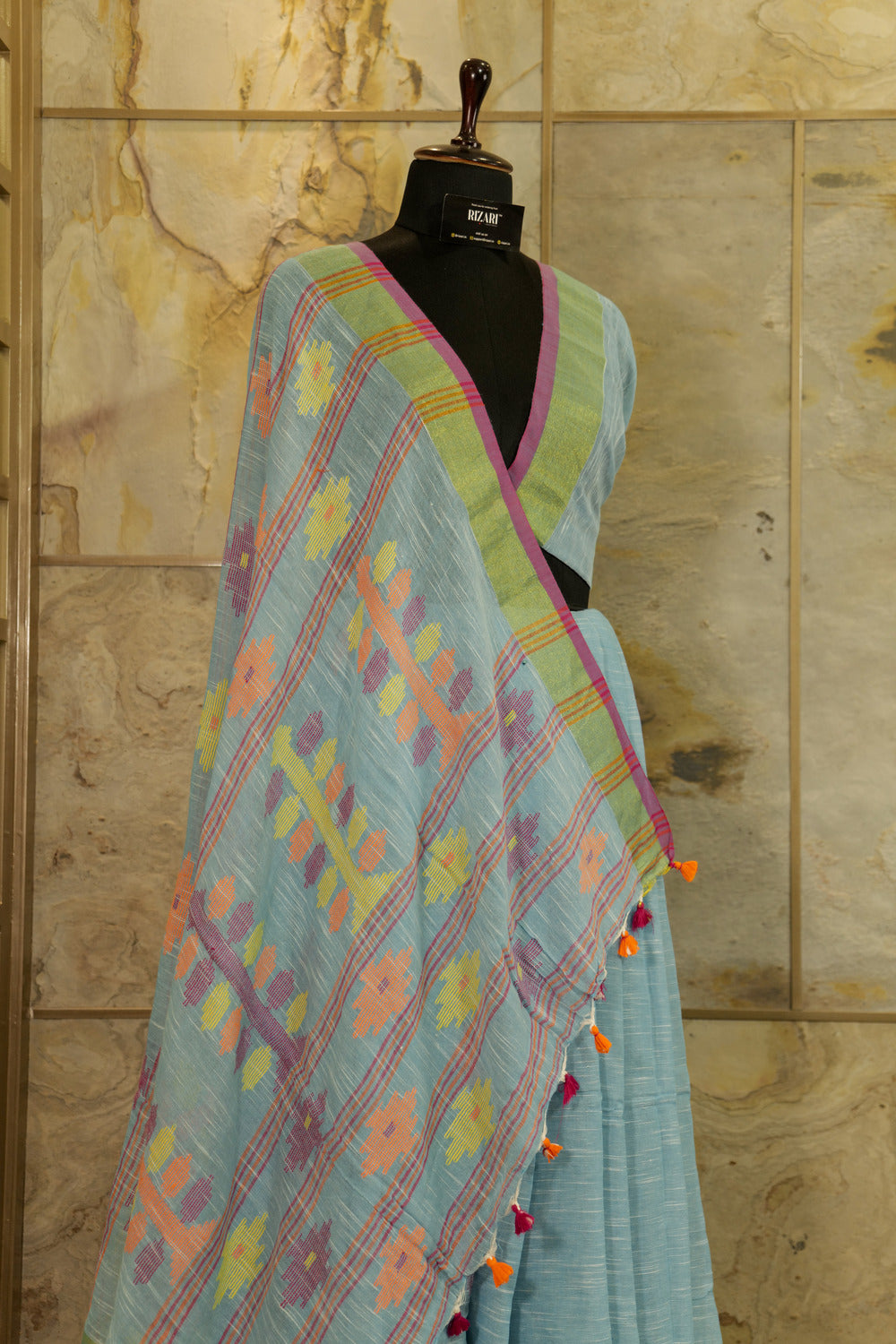 Blue Linen with geometric weaving pattern on Pallu