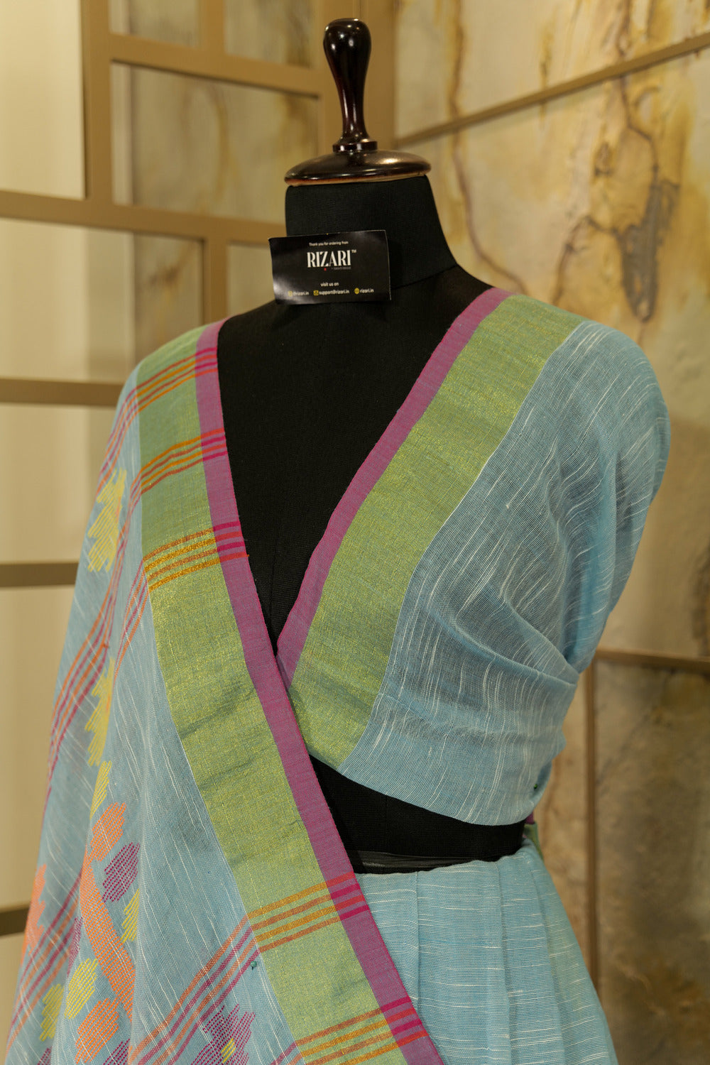 Blue Linen with geometric weaving pattern on Pallu