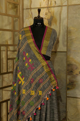 Charcoal Linen saree with Jari border and geometric weaving pattern on Pallu