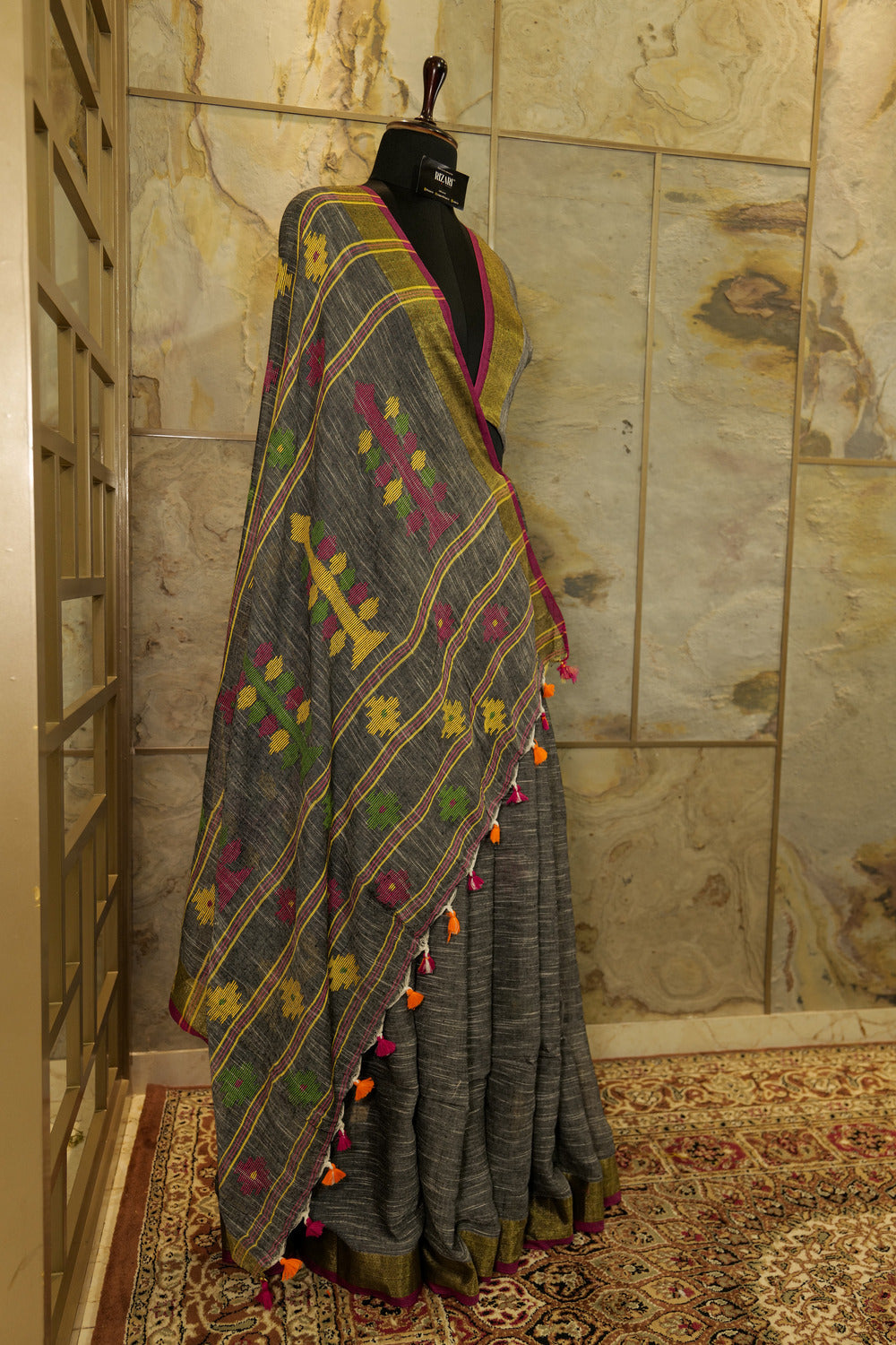 Charcoal Linen saree with Jari border and geometric weaving pattern on Pallu