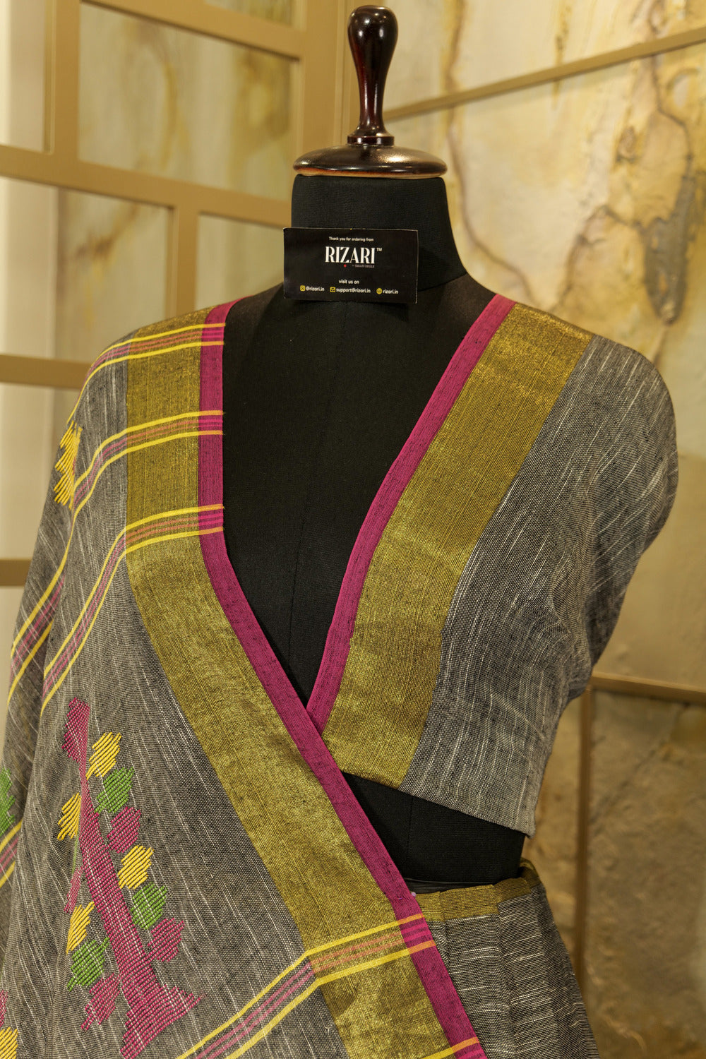 Charcoal Linen saree with Jari border and geometric weaving pattern on Pallu