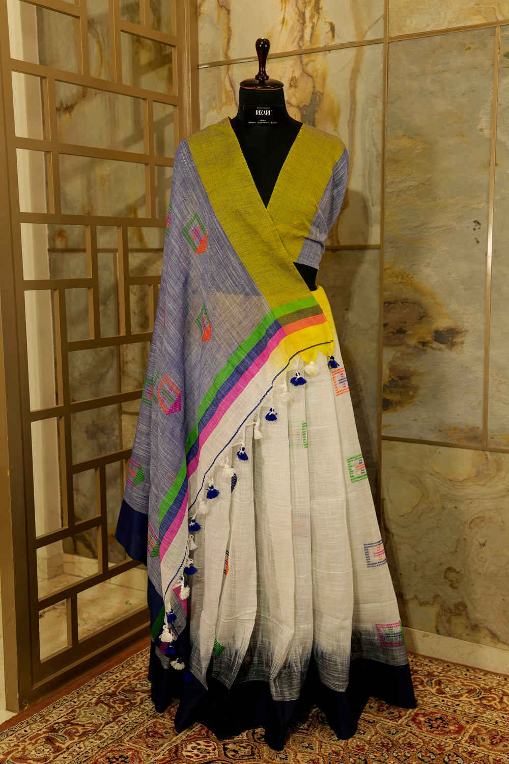 White saree with Yellow and blue gradient Linen saree with weaving pattern on Pallu