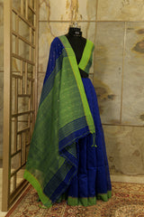 Blue & Green Tikla work sequin cotton handwoven saree