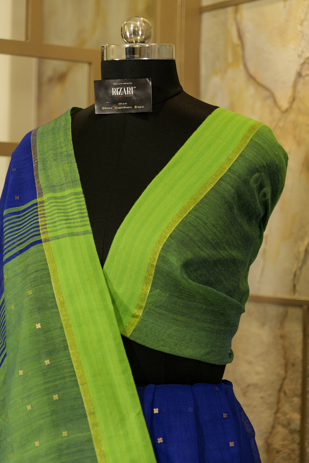 Blue & Green Tikla work sequin cotton handwoven saree