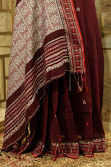 Handwoven  Marron & White Assam Khadi Saree