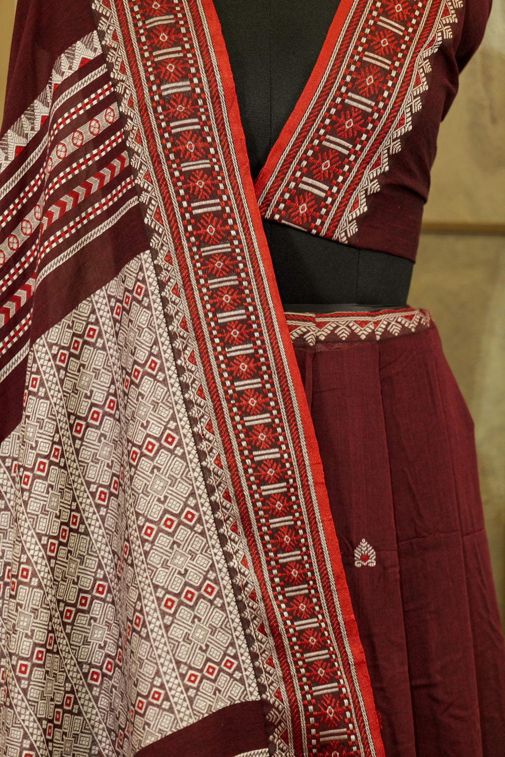 Handwoven  Marron & White Assam Khadi Saree