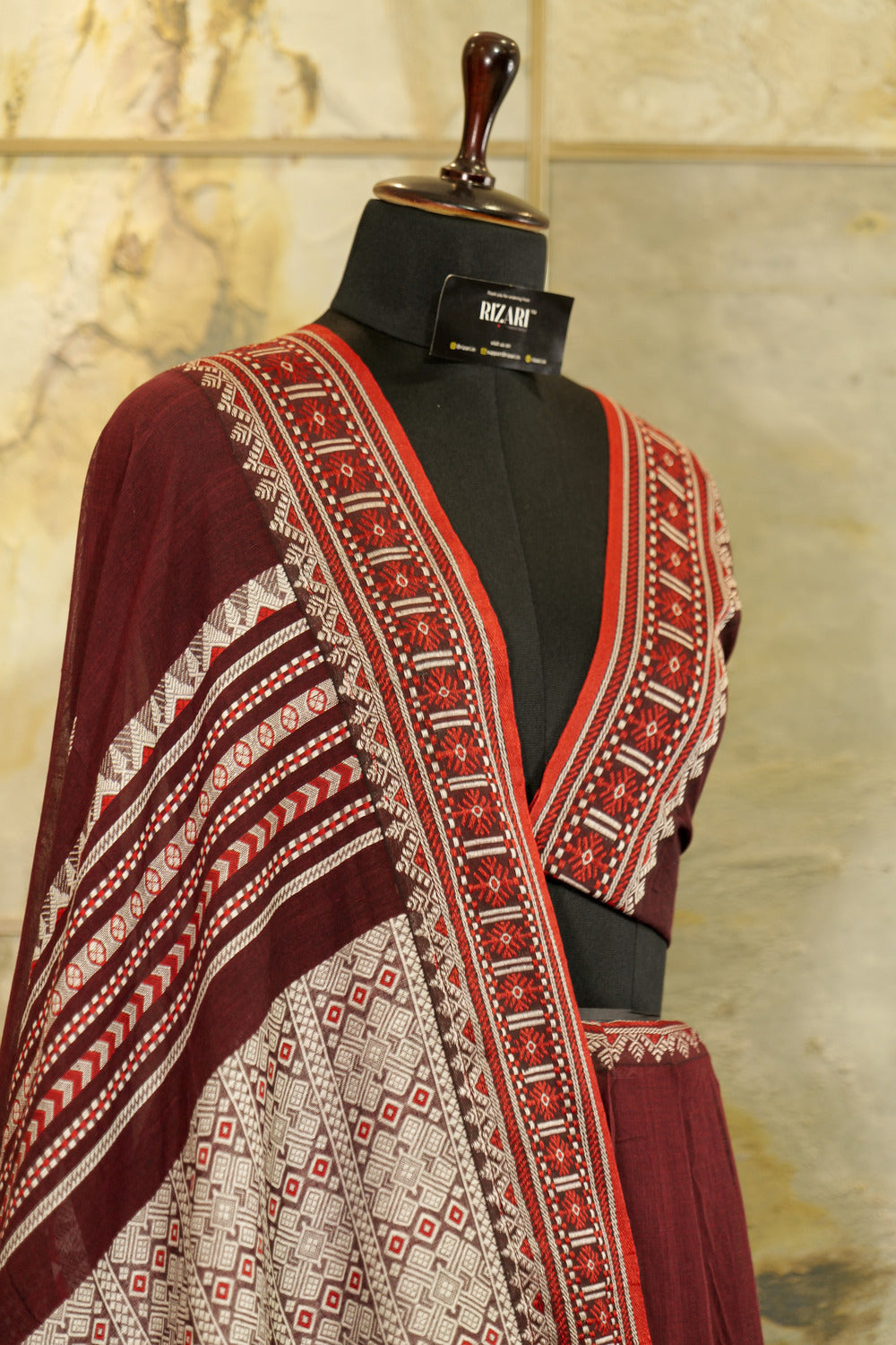 Handwoven  Marron & White Assam Khadi Saree