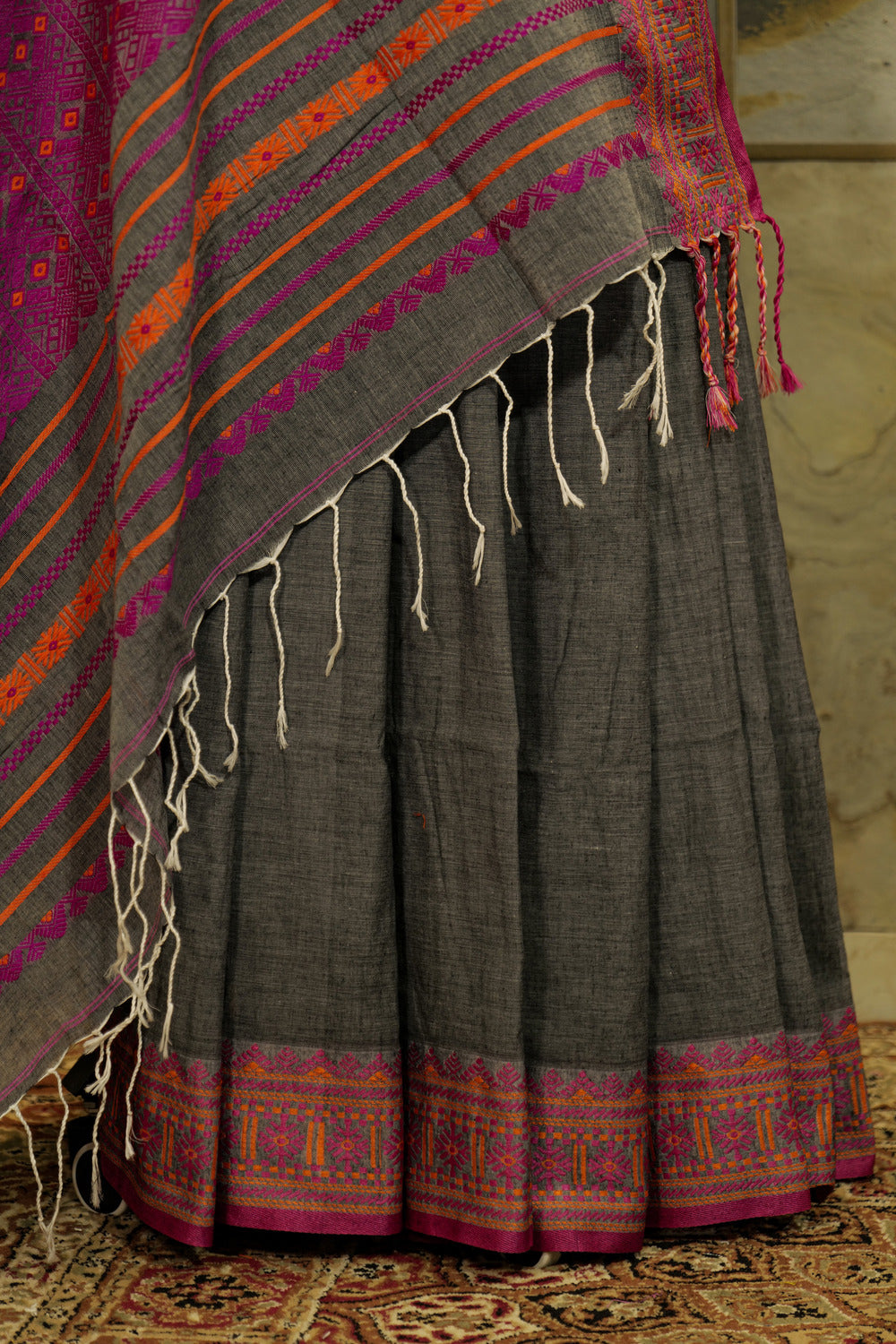 Handwoven Grey Assam Khadi Saree   with Pink weaving