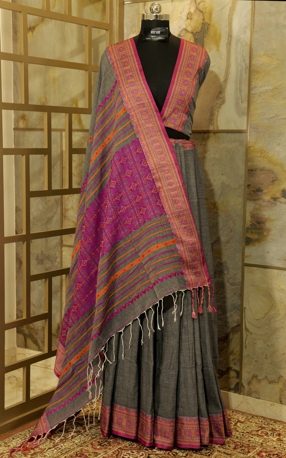 Handwoven Grey Assam Khadi Saree   with Pink weaving