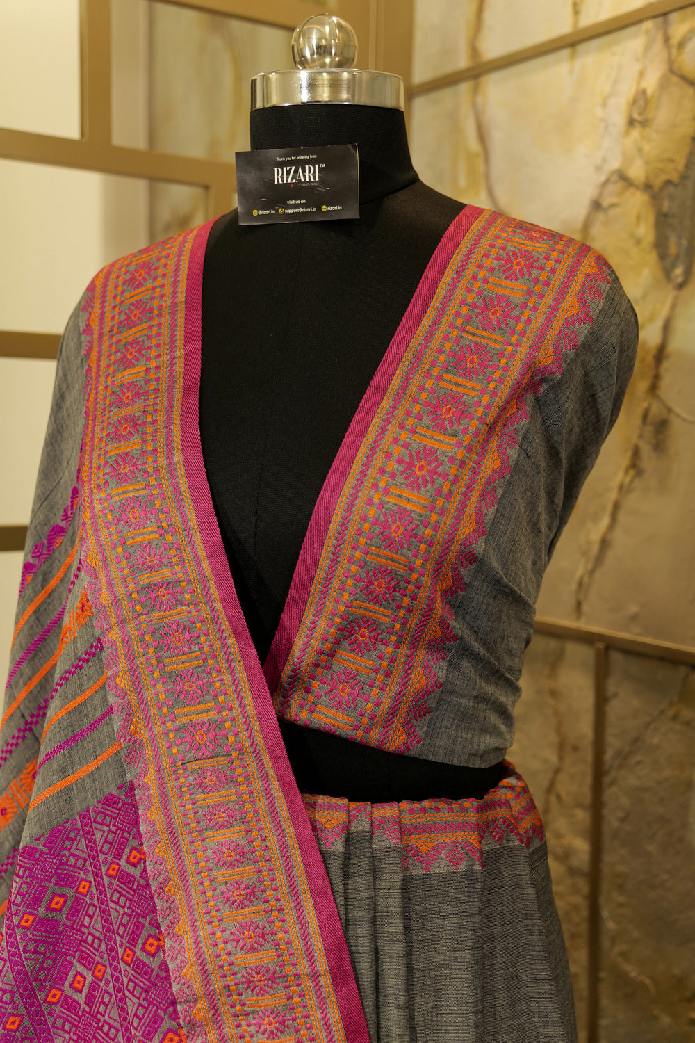 Handwoven Grey Assam Khadi Saree   with Pink weaving