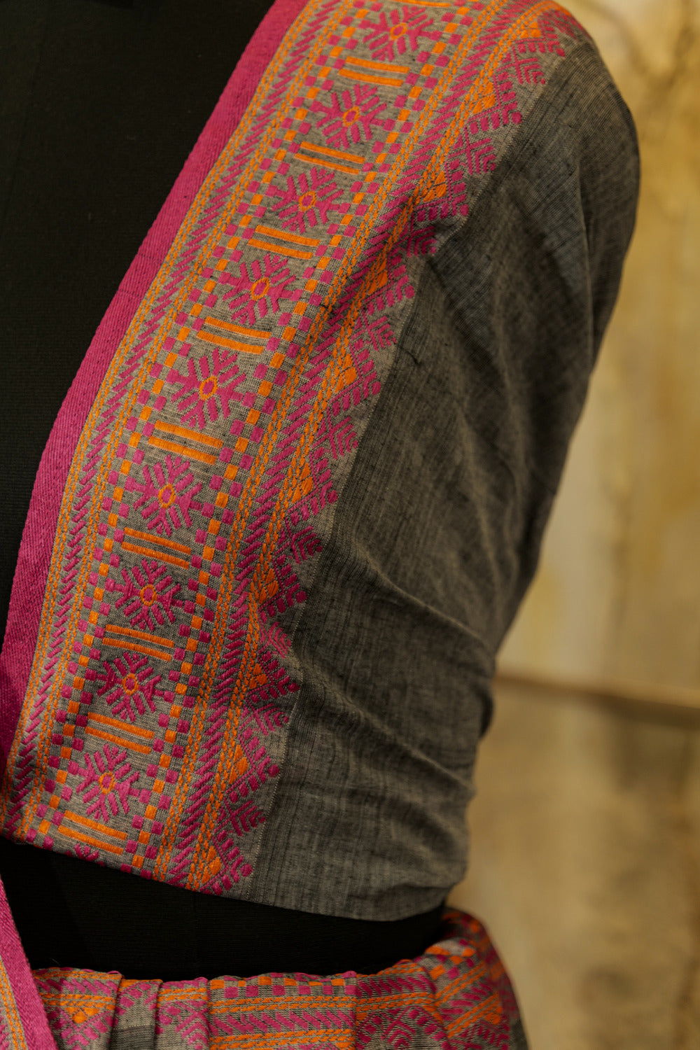 Handwoven Grey Assam Khadi Saree   with Pink weaving