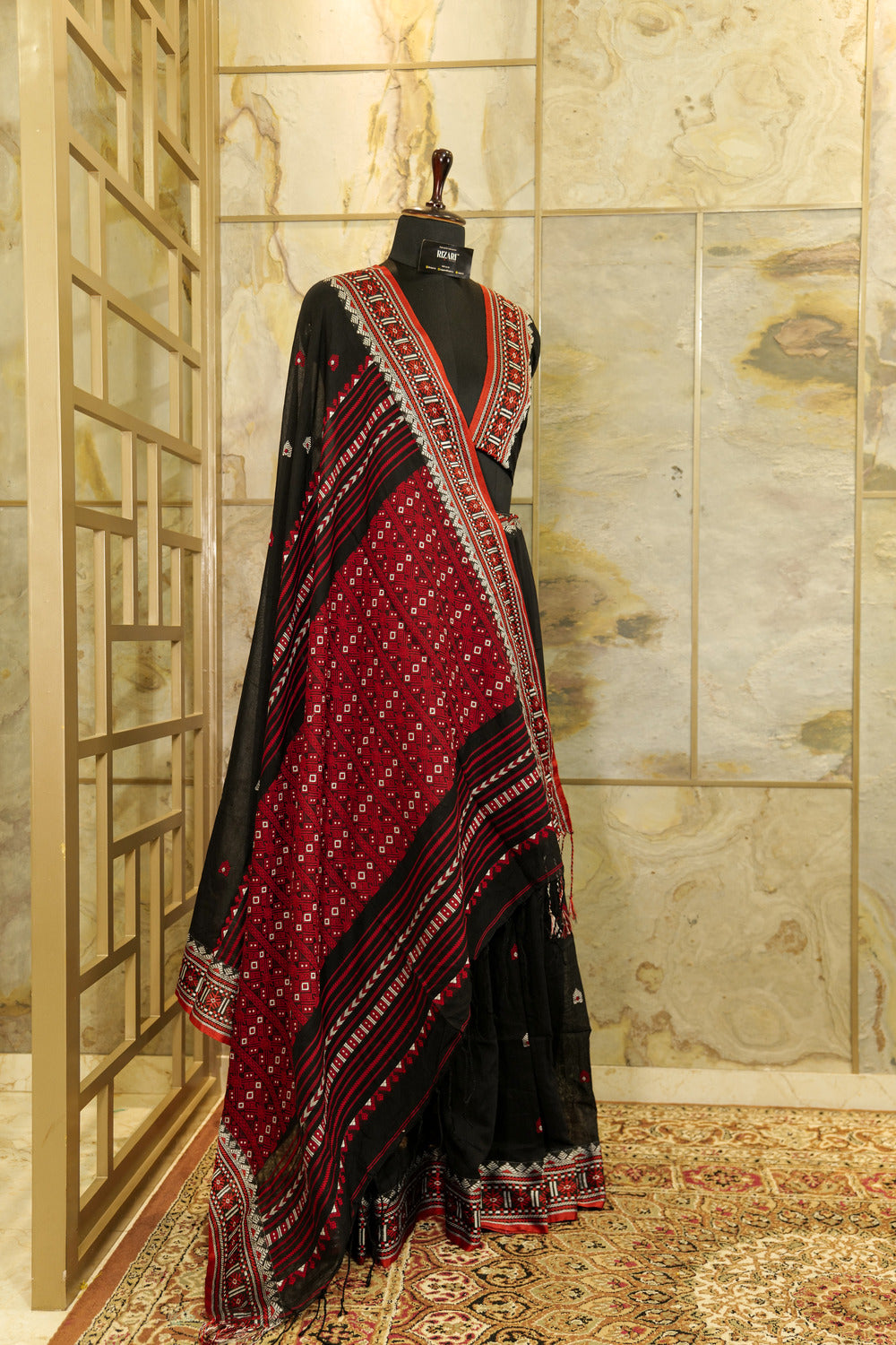 Handwoven Black & red Assam Khadi Saree