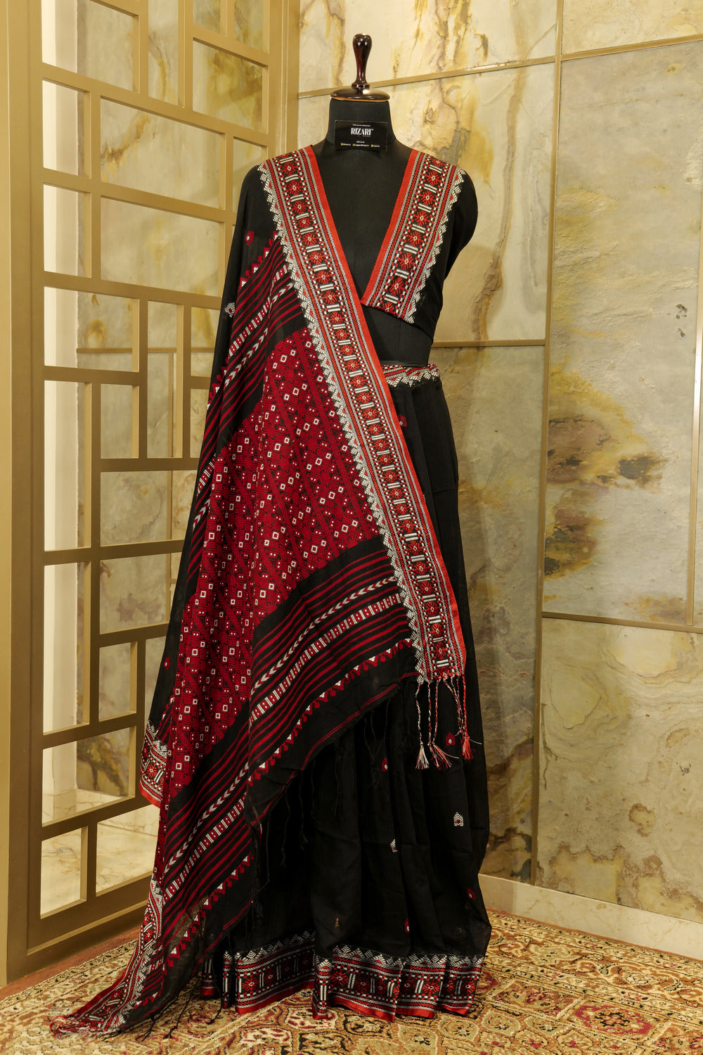 Handwoven Black & red Assam Khadi Saree