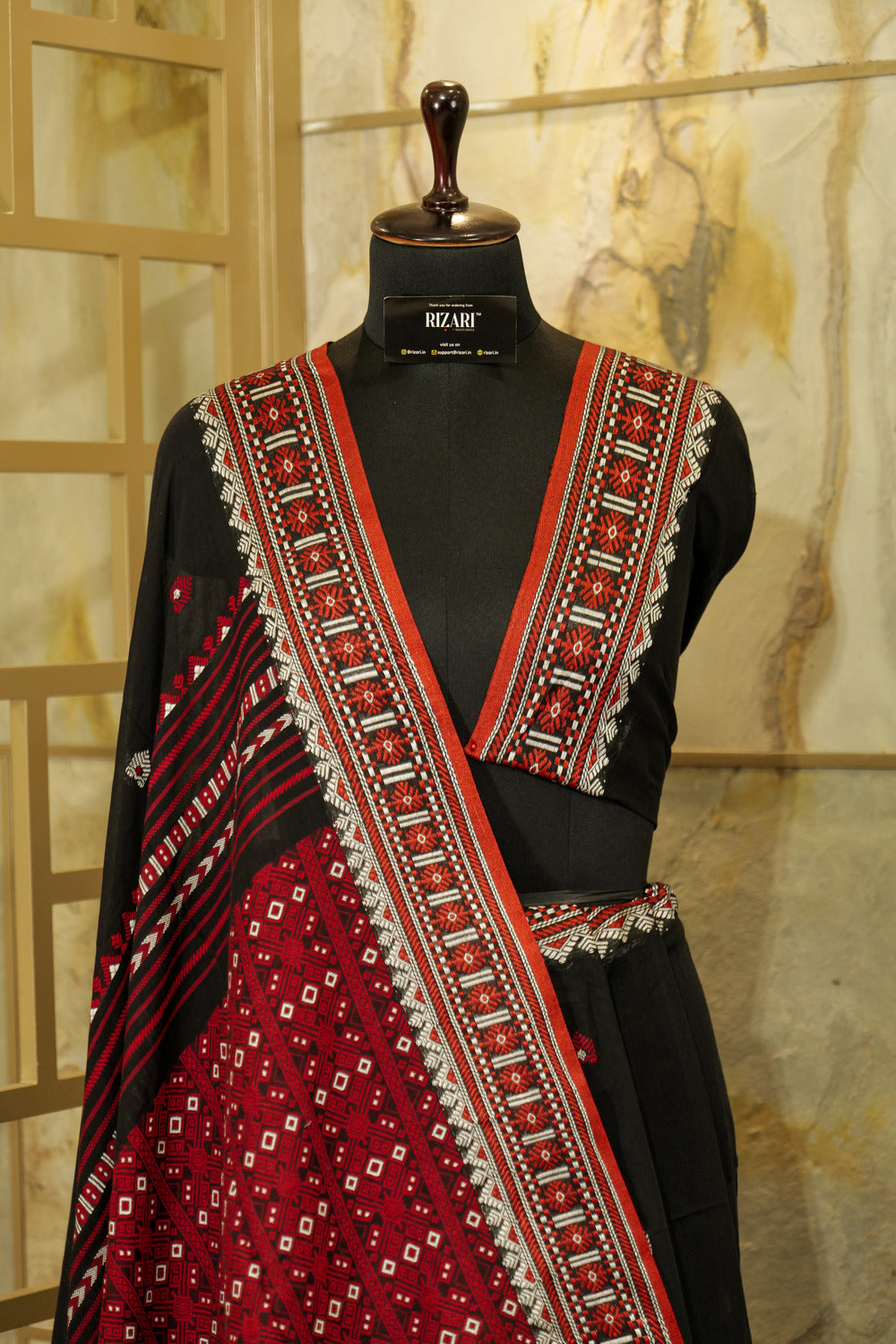 Handwoven Black & red Assam Khadi Saree