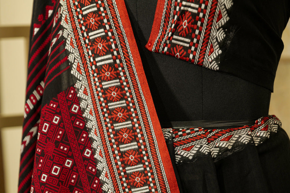 Handwoven Black & red Assam Khadi Saree