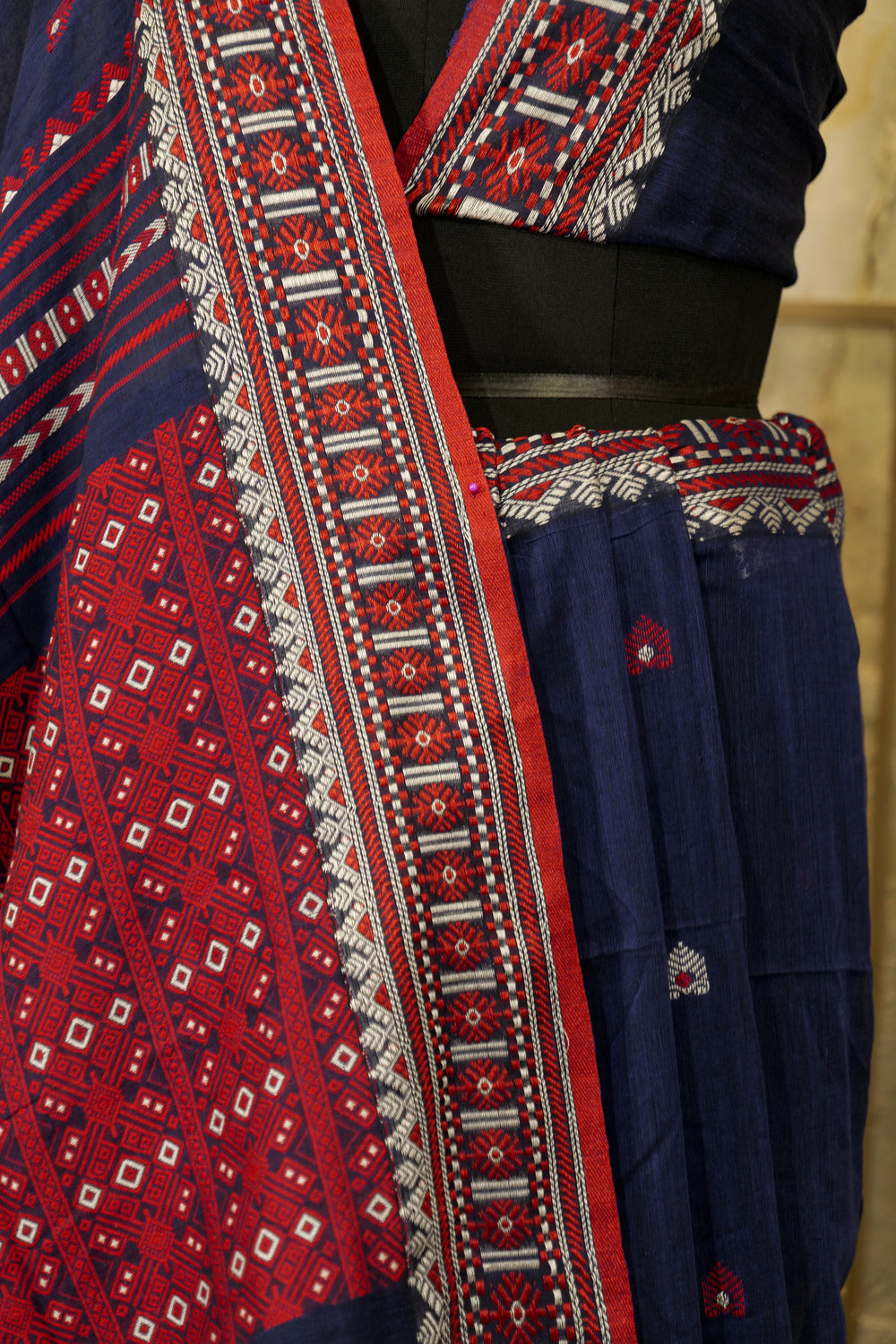 Handwoven  Navy Blue and Red weaving Assam Khadi Saree