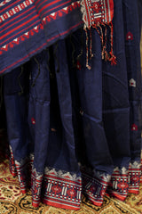 Handwoven  Navy Blue and Red weaving Assam Khadi Saree