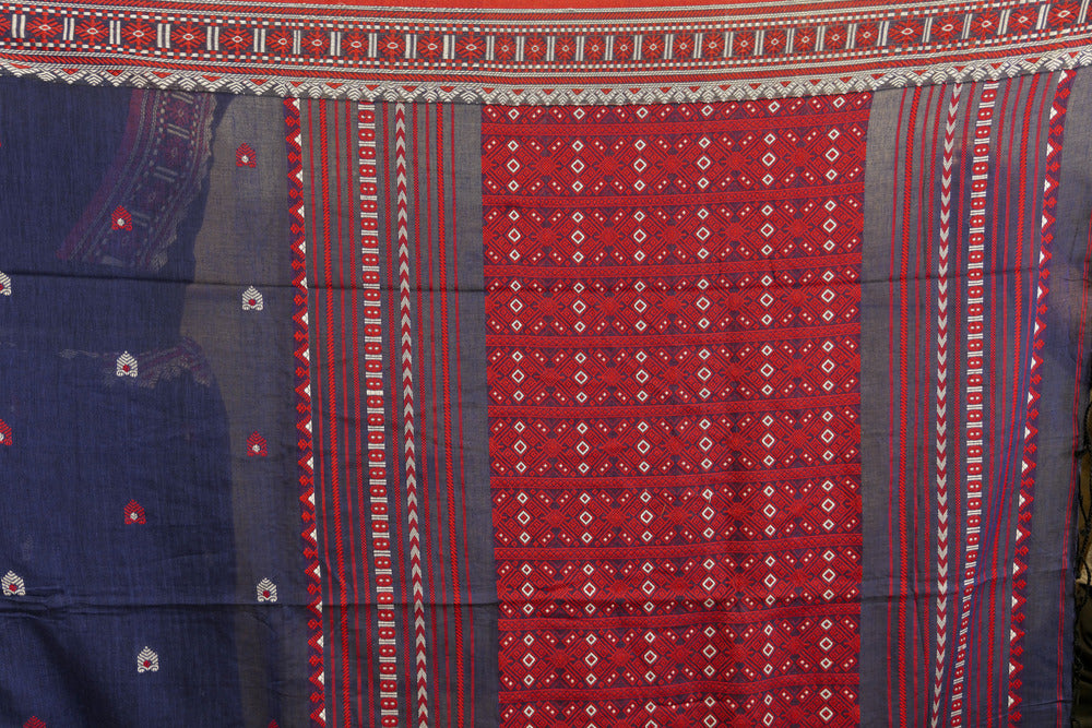 Handwoven  Navy Blue and Red weaving Assam Khadi Saree